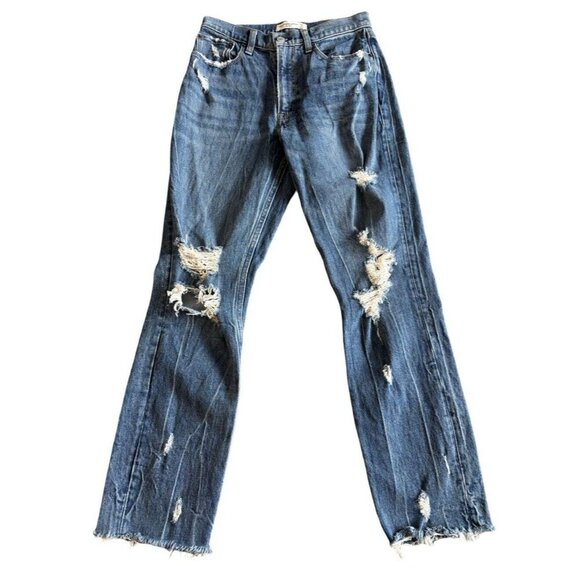 Abercrombie & Fitch The Mom High Rise Blue Denim Distressed Jeans Size 26/2 - Picture 1 of 9